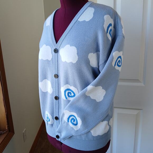 Puffy Little Clouds Cardigan Sweater M / L V-neck button front light blue swirls - Picture 2 of 13